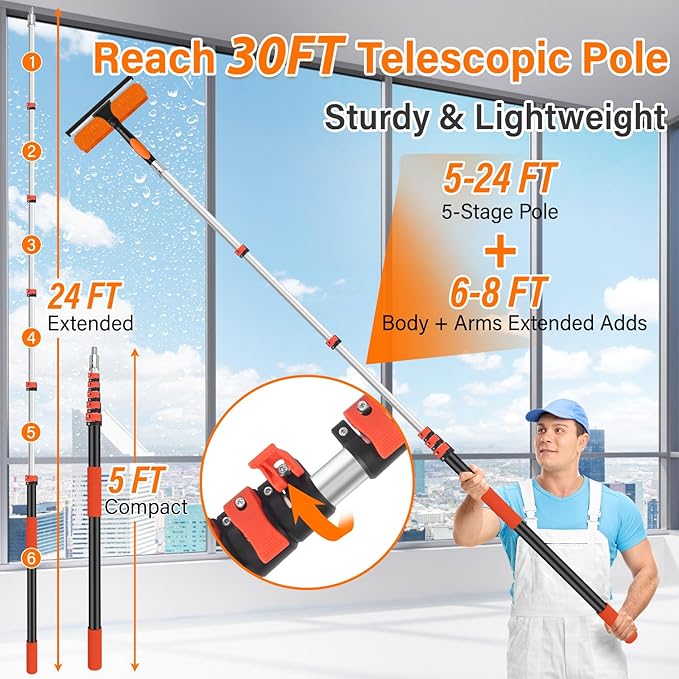 30FT High Reach Duster Cleaning Kit with 5-24 FT Extension PoleHigh Ceiling Dusting and Window Cleaning Kit with Microfiber Feather DusterCobweb DusterCeiling Fan DusterWindow Squeegee Cleaner