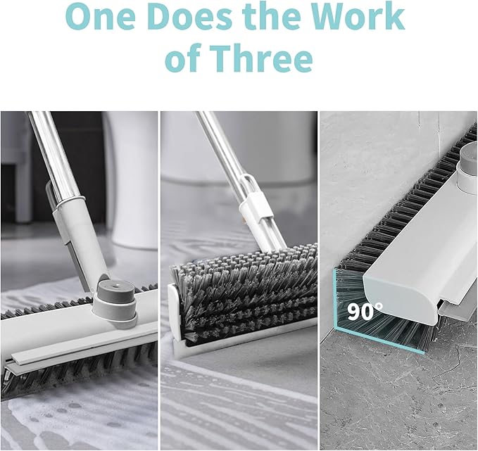Floor Scrub Brush with Long Handle 3 in 1 Scrape and Heavy-Duty Stiff Bristle Scrubber Brush for Cleaning Shower Bathroom Patio Pool Garage Kitchen Wall and Deck (White 1 Pack)