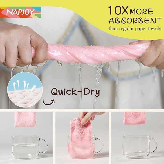 Napjoy Microfiber Cleaning Cloth Roll 75PK Easy Tear Away Reusable Paper Towels 12 x 12 Lint-Free and Scratch-Free with Patented Fiber Technology Microfiber Towel Roll Pink