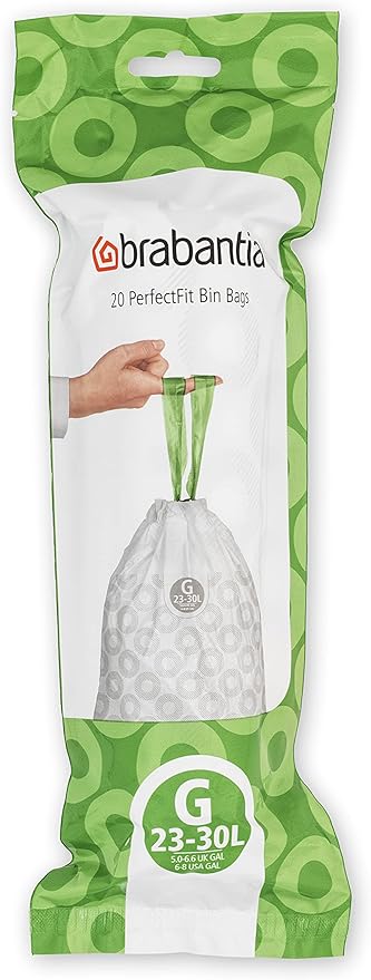 Brabantia PerfectFit Trash Bags (Size G/6-8 Gal) Thick Plastic Trash Can Liners with Drawstring Handles (120 Bags)
