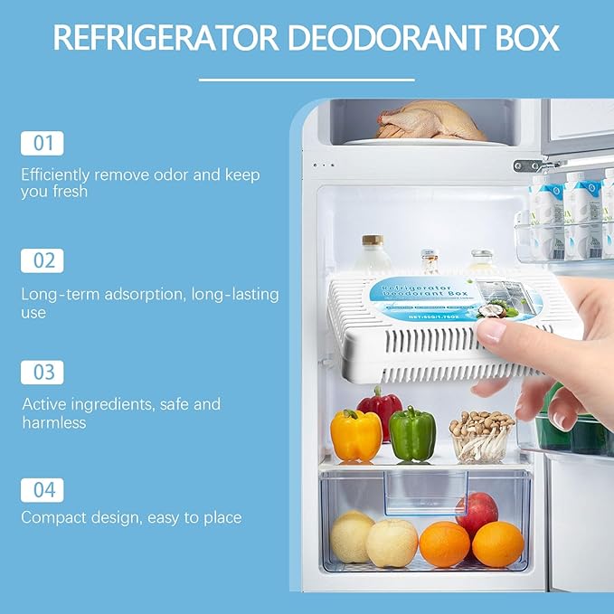 Refrigerator Deodorant Box with Activated Carbon Coconut Shell Odor Eliminator 50G/1.76OZ Reusable Freshener for Home and Commercial Use White
