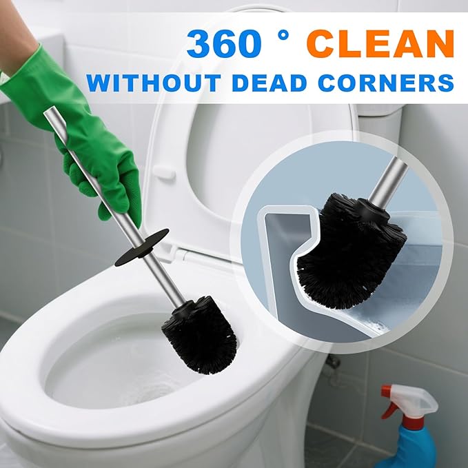 304 Stainless Steel Toilet Brush and Brush Holder Set Circular Floor Toilet Brush Holder Long Handle Bathroom Heavy-Duty Cleaner High-End Cylinder Wall2 Brush Head (Brushed) YIGUANXIN