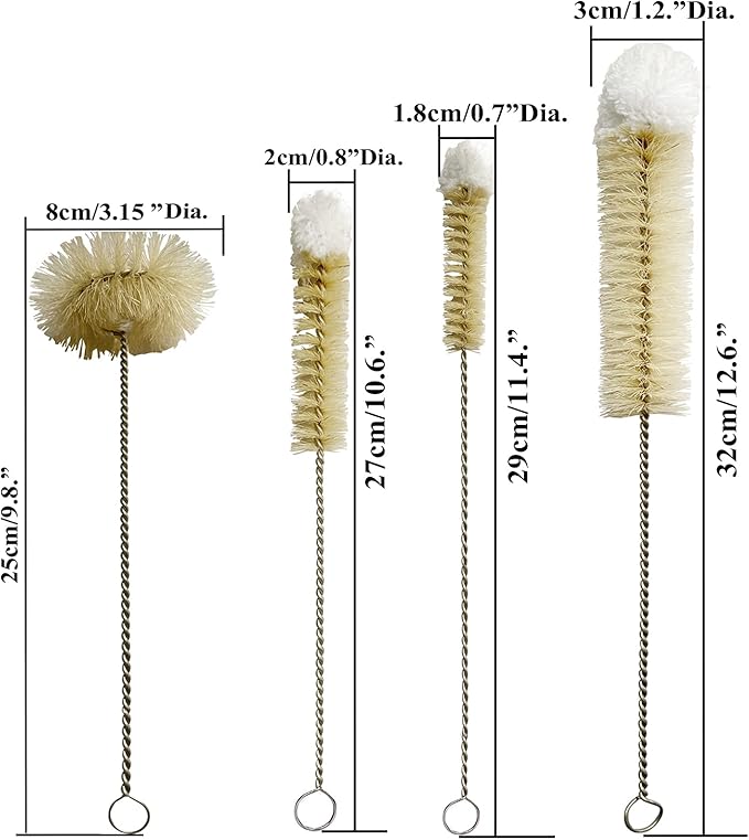 Coralpearl Bottle Brushes Thin Long Handle X 4 Skinny Wire Cleaner Set in Stainless Steel with Natural Boar Bristle at Wool Tip Bendable Flexible for Cleaning Narrow Neck Bottles Pipe Tube Hose