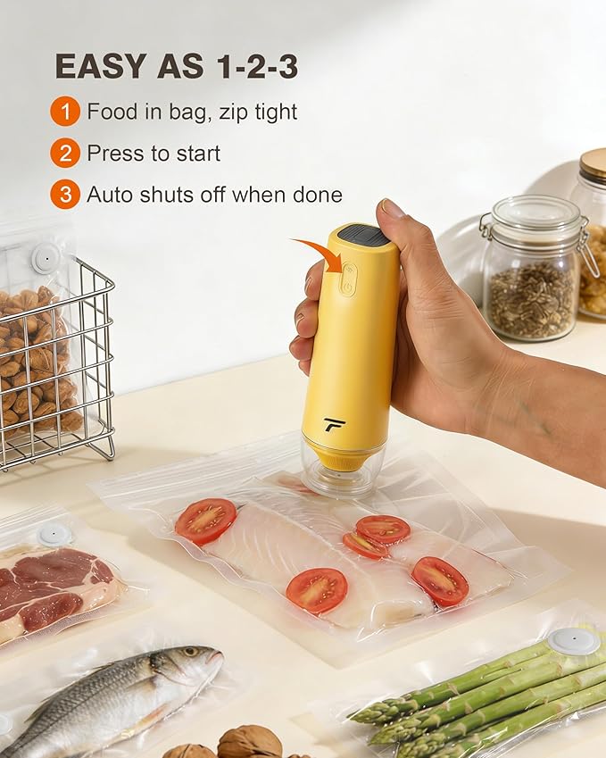 Vacuum sealer for food Chef’s Design to Preserve Freshness Compact Handheld Vacuum Sealer with 30 Reusable Bags Professional-Grade for Food Storage Savers Mustard