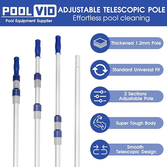 Poolvio 12 FT Telescopic Swimming Pool Pole - Adjustable 2 Piece Aluminum Pool Pole for Pool Cleaning Skimmer Nets Vacuum Heads &amp Brushes Strong Grip &amp Lock