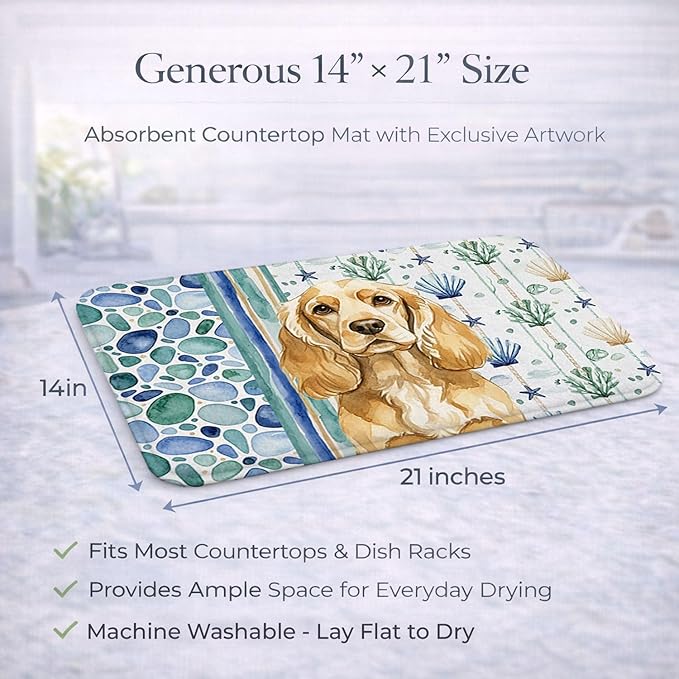 Caroline's Treasures Buff Cocker Spaniel Coastal Sea Glass Dish Drying Mat Absorbent Dish Drying Mat Pad for Kitchen Counter Dish Drainer Mat for Countertop 14 x 21 Multicolor