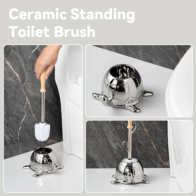 Toilet Brush and Holder Set Ceramic Turtle Base Toilet Brush Set - 7.5” Bowl Cleaner Toilet Scrubber Brush with Ergonomic Handle (Silver)