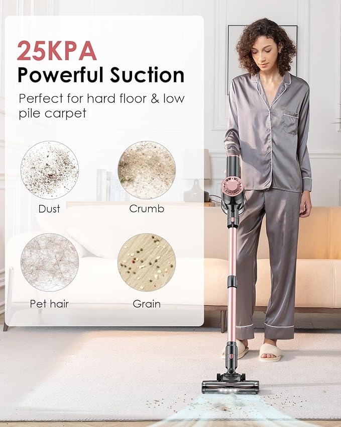 Vexilar Cordless Vacuum Cleaner Self-Standing Rechargeable Stick Vacuum Cleaners for Home 35mins Runtime LED Screen 6-in-1 Lightweight Handheld Vacuum for Hard Floor Carpet (Pink)