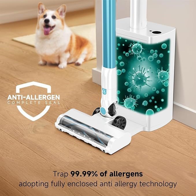 Cordless Stick Vacuum Cleaner with Auto Empty System Self-Charging Base Powerful Suction for Pet Hair on Carpet &amp Hardfloor Lightweight Anti-Tangled Handheld Vacuum HEPA Filtration Blue