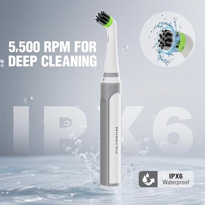 WORKPRO Cordless Grout Brush Set 5500RPM Power Scrubber IPX6 Waterproof Electric Scrubber with Type-C Charging Cable and Replaceable Brush Heads for Cleaning Grout Tiles Grime and Crevices