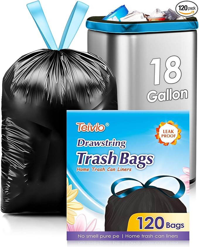 18 Gallon 120 Counts Strong Drawstring Trash Bags Garbage Bags by Teivio Bathroom Trash Can Bin Liners Plastic Bags for home office kitchen Black