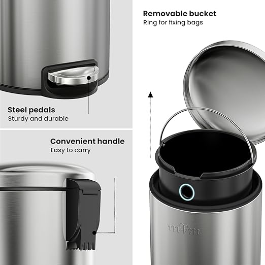 mVm Bathroom Trash Can3.2Gallon(12L) Office Trash Cans Step Round Garbage Can with Lid Soft-Close Anti-Fingerprint.Brushed Stainless Steel Trash Can for BathroomOfficeBedroomLiving Room(Gray)