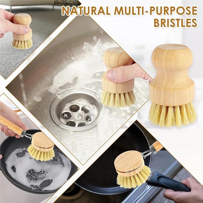 3/5Pcs Wooden Dish Brush Replaceable Long Handle Kitchen Cleaning Brush Set Natural Sisal Scrubbing Brush for Cleaning Pots Pan(5Pcs A)