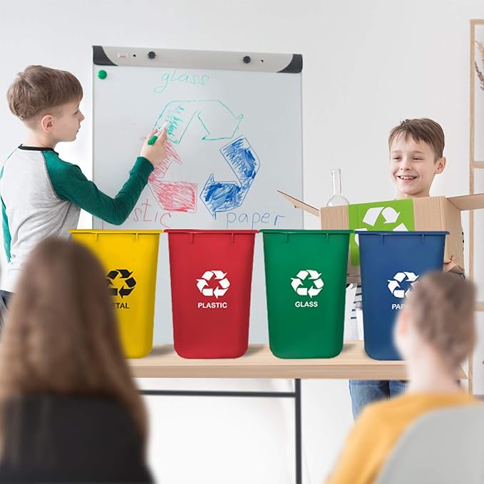 Acrimet Wastebasket Bin for Recycling 6.75 Gallon/ 27 Quart/ 25.552 Liter (Made of Plastic) (Metal/Yellow Paper/Blue Glass/Green Plastic/Red) (Set of 4)