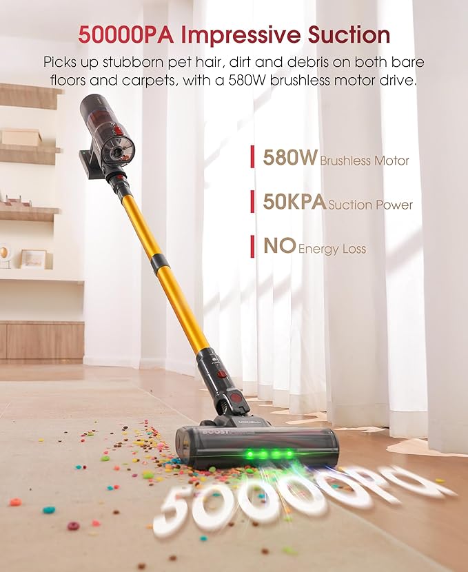 UNINELL HOME Cordless Vacuum Cleaner 50000Pa 580W 70Mins Vacuum Cleaners for HomeAnti-Tangle Stick Vacuum Self-Standing Handheld Vacuum Rechargeable for Pet Hair/Carpet/FloorLED Display