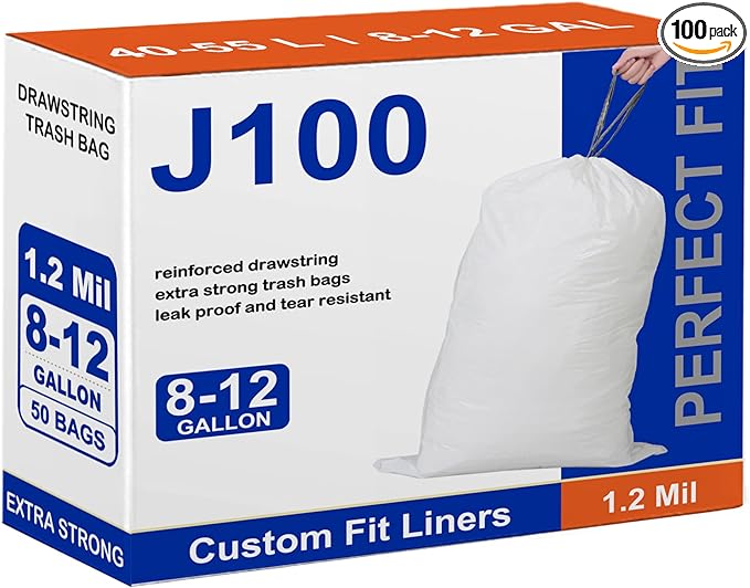 Code J 100 Count 8-12 Gallon Compatible with simpIehuman Code J Heavy Duty Trash Bags 1.2 Mil THICK White Garbage Can Liners with Reinforced Drawstring Plastic Trash Bags PERFECT FIT &amp GRAND SAVE