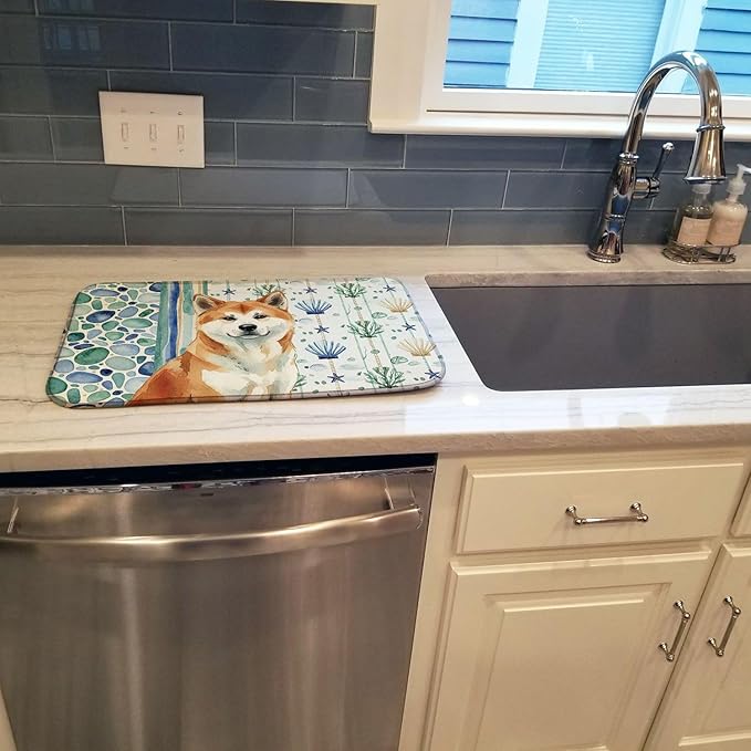 Caroline's Treasures Red Akita Coastal Sea Glass Dish Drying Mat Absorbent Dish Drying Mat Pad for Kitchen Counter Dish Drainer Mat for Countertop 14 x 21 Multicolor
