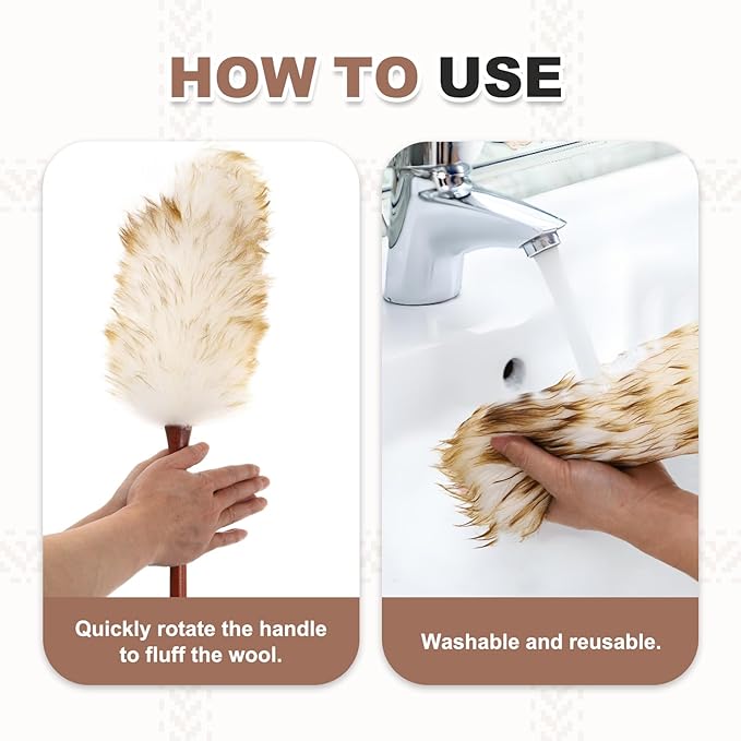 uxcell Wool Duster 20.5 Natural Feather Cleaner Household Cleaning Duster with Solid Wooden Handle for Cleaning Fans Window Blinds Shelves Furniture Light Brown