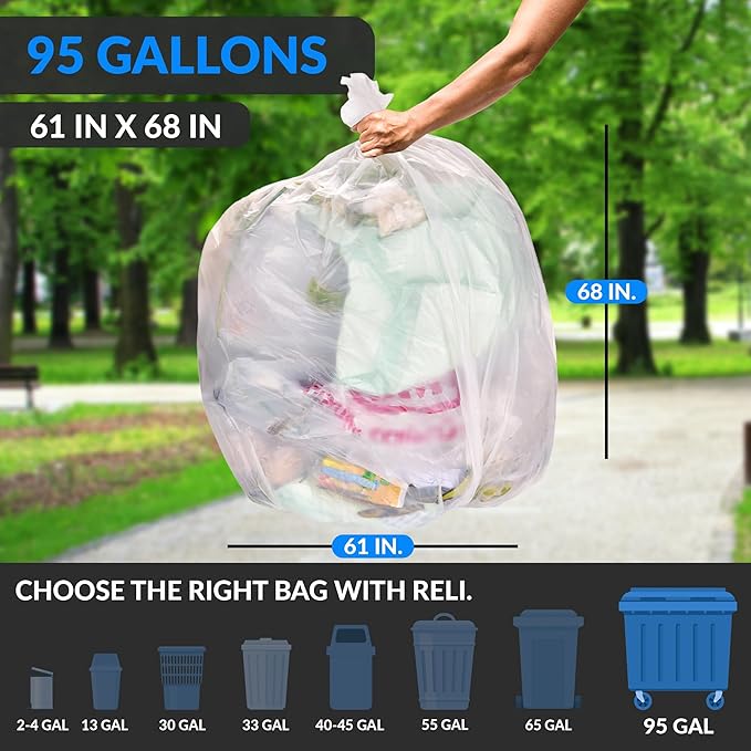 Reli. 95 Gallon Trash Bags Heavy Duty | 30 Trash Bags | Super Sizeable Clear Garbage for Serious Cleanup