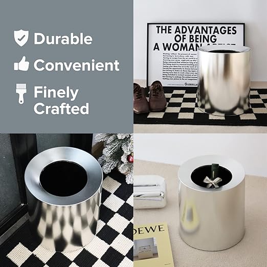 Modern Polished Stainless Steel Design Garbage Can - 12L I 3.2-Gallon Spill-Proof Trash Basket - Indoor Outdoor Waste Bin w/Removable Trash Bin Liner with Wide Rim