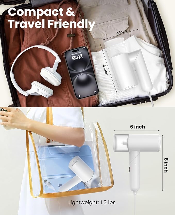 Handheld Steamer for Clothes 1200W Foldable Travel Steamer 20 Sec Preheat Garments Wrinkle Remover 120V Portable Hand Iron with 150ml Water Tank Clothes Steamer for Home Travel-White