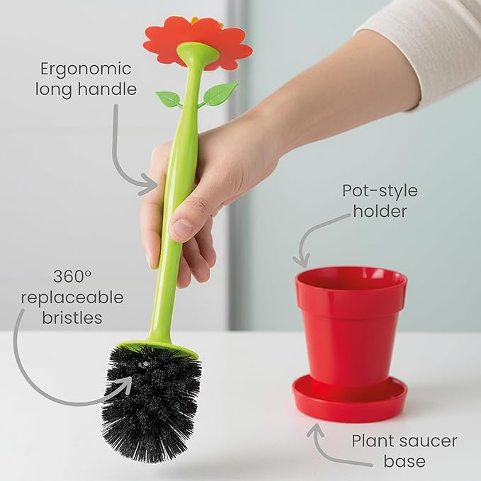 Vigar Flower Power Toilet Brush and Holder Set Toilet Bowl Cleaner with Daisy-Shaped Handle Flowerpot Base and Saucer for House and Bathroom Red