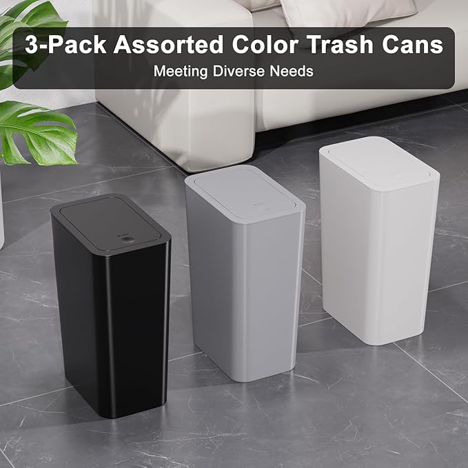 N. NETDOT 3 Pack 10L/2.6 Gal Bathroom Trash Can with Lid Trash Bin with Press Lid Small Trash Can/Slim Garbage Cans/Waste Basket for BathroomKitchenOfficeBedroom - BlackGrayOff White