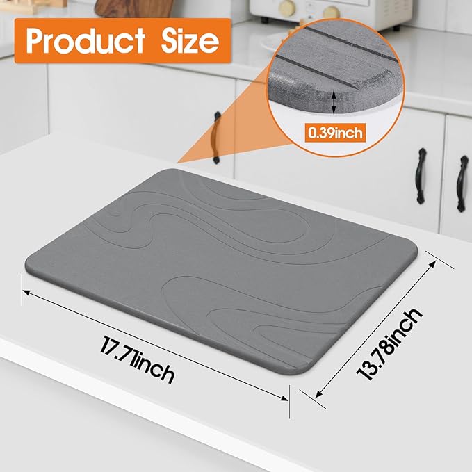 Stone Drying Mat for Kitchen Counter - 18x14 Dirt-Resistant Quick Drying Fast Absorbent Non-Slip Diatomite Mat Natural Diatomaceous Earth Dish Drying Pad for Dish Rack(Dark Grey)