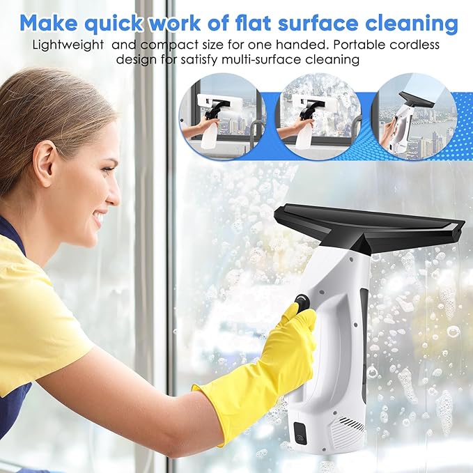 Window Vacuum Squeegee Cordless Handheld Window Vac with Multi-Purpose Spray Bottle &amp Microfiber Cloth Electric Cleaning Tool for Windows Tiles Mirror Countertop Car Windshield