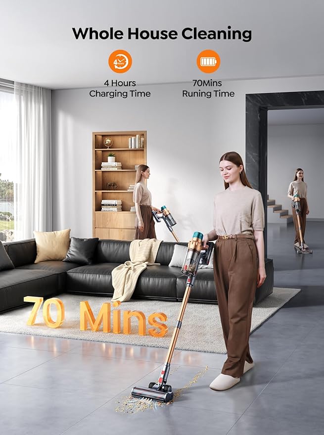 Cordless Vacuum Cleaner 650W 55KPA 70 Mins Runtime Self-Standing Vacuum Cleaners for Home Stick Vacuum with Charging Dock Station Removable Battery Handheld Vacuum for Pet Hair/Carpet/Floor