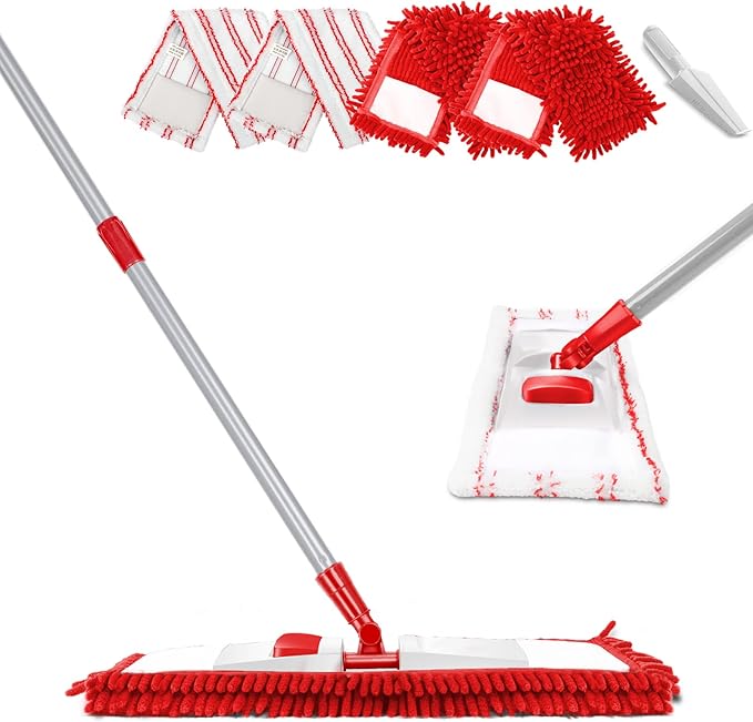 MASTERTOP Microfiber Mop for Floor Cleaning Flat Dust Mop for Home and Kitchen Adjustable Stainless Steel Handle with 4 Washable Mop Pads Hardwood Floor Mop for Wood Vinyl 1 Cleaning Scraper
