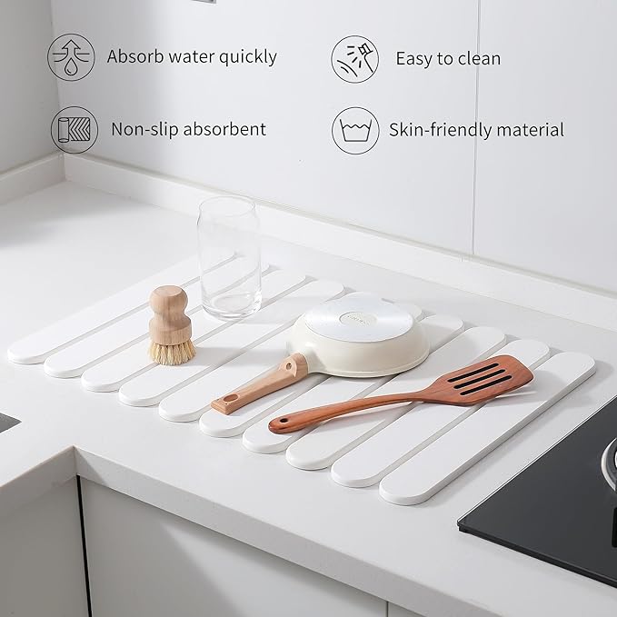 Large White Stone Dish Drying Mats for Kitchen Counter Quick Dry Collapsible Eco-Friendly Super Absorbent Diatomaceous Earth Heat-resistant Mat for Dishes Bottles Cups Match Any Countertop 24×16