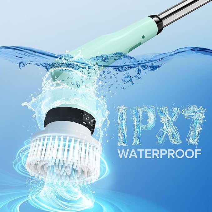 Electric Spin Scrubber Dreazu IPX7 Bathroom Scrubber with 7 Replaceable Brush Heads &amp Retractable Handle 2-Speed Adjustable Spin Scrubber for Bathroom Bathtub Kitchen Tile Floors（Green）