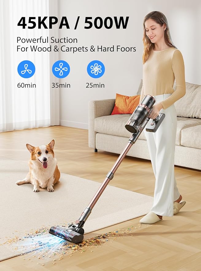 Vacuum Cleaners 45KPa Powerful Suction Cordless Vacuum Cleaner with LED Touch Display 60mins Runtime Lightweight Stick VacuumsHandheld Vacuums for Home Pet Hair