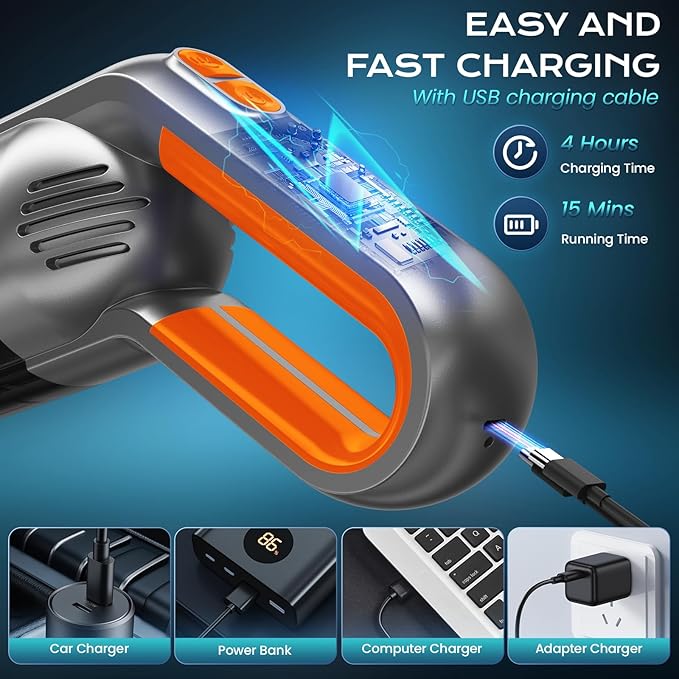 Handheld Vacuum Cordless Portable Car Vacuum with LED LightRechargeable Small Vacuum Cleaner with Powerful SuctionLightweight Vacuum Cleaner for Car Home Office Pet Hair (Orange)