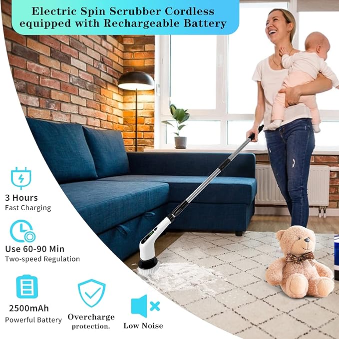Electric Spin Scrubber Cordless Shower Scrubber for Cleaning with 7 Multi-Purpose Cleaning Brush Heads Bathroom Scrubber with Long Handle Power Scrubber for Cleaning Wall Floor Bathroom Kitchen