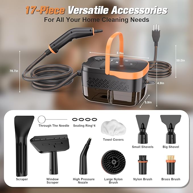 Steam Cleaner2500W Handheld Portable Steamer for Car - 6-Level Adjustable Steamer with 15S Heat-Up Large Water Tank &amp 17-Piece Accessory Kit - Deep Clean Grease Grout Tile Floors