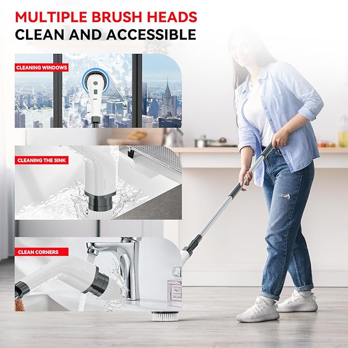APLUSH Electric Spin ScrubberCordless Shower Cleaning Brush with 7 Replaceable Brush Heads Adjustable 2 Speeds Extension Handle Power Cleaning Brush for Tub Tile Floor CarBlack