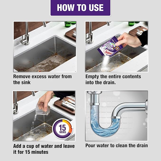 Harpic Drain Xpert Drain Cleaning Powder (50g x 8) | Removes Blockages in Pipes Sinks &amp Septic Tanks| Works within 30 minutes | Melts Grease &amp Dissolves Hair (Pack of 2)