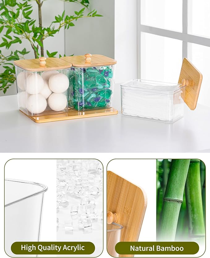 Trash Bag Dispenser Dishwasher Pod Holder - 5 in 1 Plastic Garbage Bag Under Sink Organizer Acrylic Dryer Sheet Balls Laundry Pods Container with Bamboo Lid Pantry Organizers and Storage Box