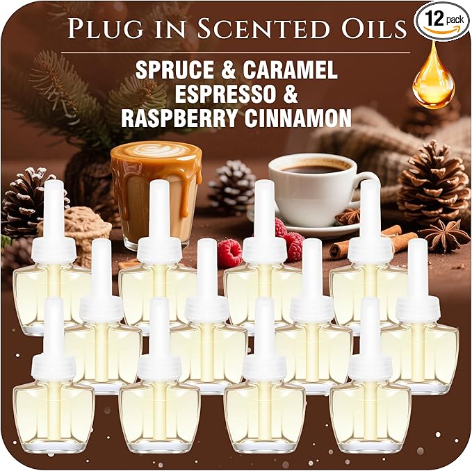 Plug In Refills Air Freshener Spruce Caramel Espresso Raspberry Cinnamon for Home and Bathroom 7.92 Fl Oz 12 Count Compatible with Air Wick &amp Glade Not Include Glade Plus