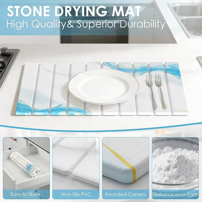 Stone Dish Drying Mat for Kitchen Counter 4-Piece Set with Diatomaceous Earth Dish Drying Mat Stone Faucet Mat and Small Drying Mat Super Absorbent Quick Dry for Dishes Cups Bottles
