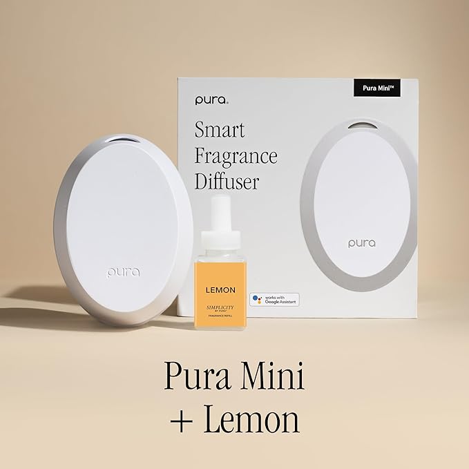 Pura Mini Smart Fragrance Diffuser for Small Spaces Adjustable Smart Home Device with LED Light &amp Automatic Vial Detection - Includes 1 Scent Refill Lemon