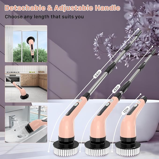 Electric Spin Scrubber Cordless Cleaning Brush Shower Scrubber with 7 Replaceable Brush 2 Speeds and Adjustable Extension Handle for Bathroom Shower Bathtub Glass Car(Pink)