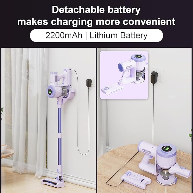 Cordless Stick Vacuum Cleaner 30KPa Handheld 2200mAh Rechargeable Battery Lightweight Small Vac Electirc Broom 40Mins Runtime for Home Hard Floor Carpet Pet Hair Cleaning Purple