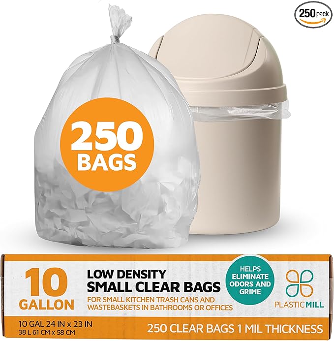 PlasticMill Heavy Duty Trash Bags - Clear Garbage Bags - Plastic Trash Bags - Kitchen Bathroom Office Garbage Bags Trash Can Liners - 7-10 Gallon Small Trash Bags 1 Mil 24x23 (250-Count)