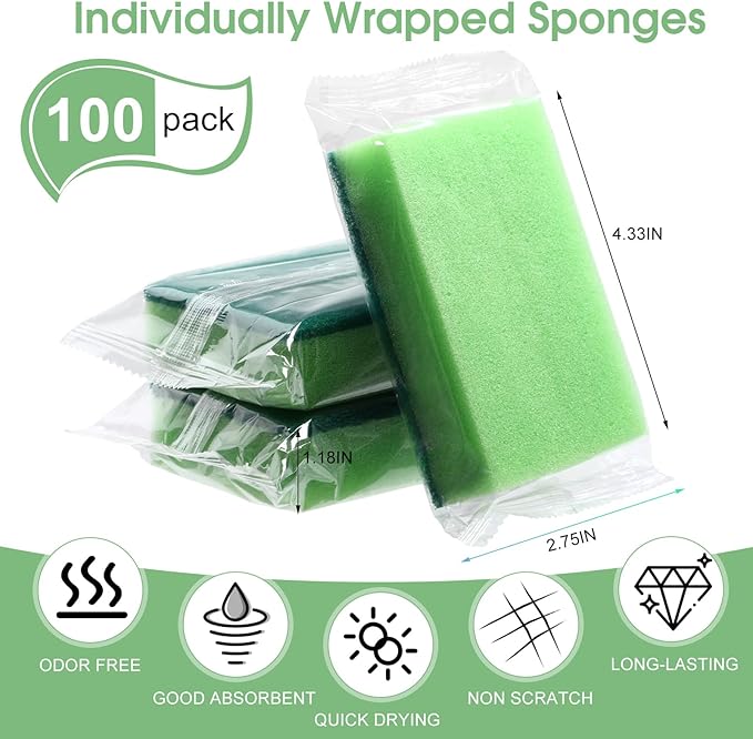Tioncy 100 Pcs Individually Wrapped Sponges Bulk Kitchen Green Non Scratch Scrub Sponges Dual Sided Cleaning Scrubber for Household Washing Dishes Pots Pans Sinks Stoves Appliances Car Bike
