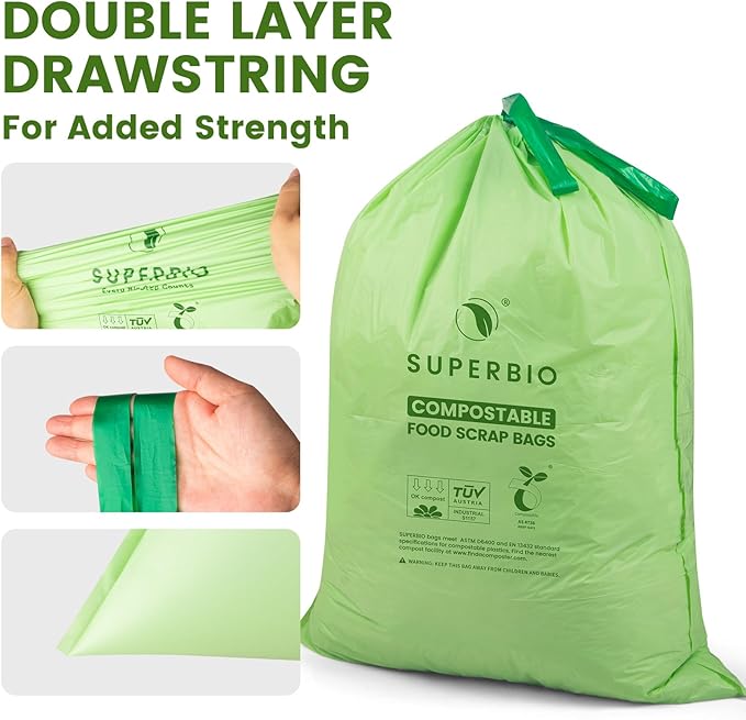 SUPERBIO 8 Gallon Compostable Drawstring Kitchen Waste Bags30.3 Liter 30 Count 1 MilHeavy Duty Food Waste Bags BPI Seedling and OK compost INDUSTRIAL