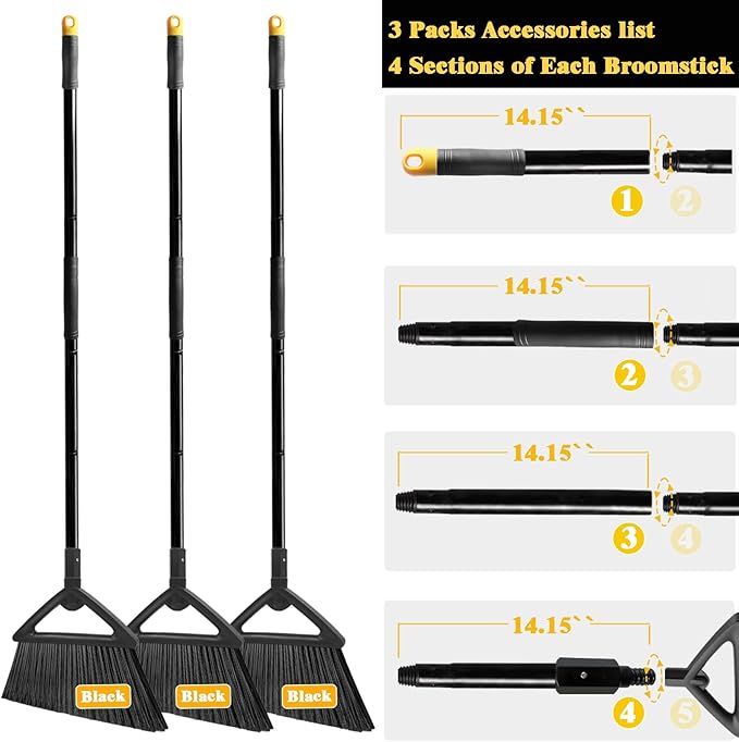 Heavy Duty Commercial Broom 3 Pack Upgraded Angle Brooms for Sweeping Outdoor and Indoor Perfect Black Brooms of House Kitchen Garage Courtyard Concrete