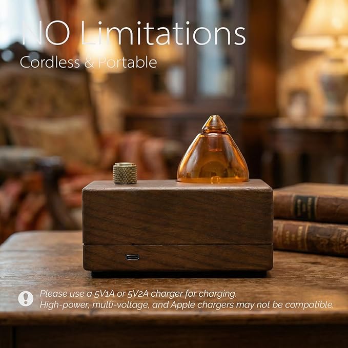Amber Premium Glass Essential Oil Diffuser with Handmade Wood Base for Aromatherapy Retro Waterless Scent Diffuser with Cool Mist Rechargeable &amp Wireless Oil Nebulizer with LED &amp Timer 2026
